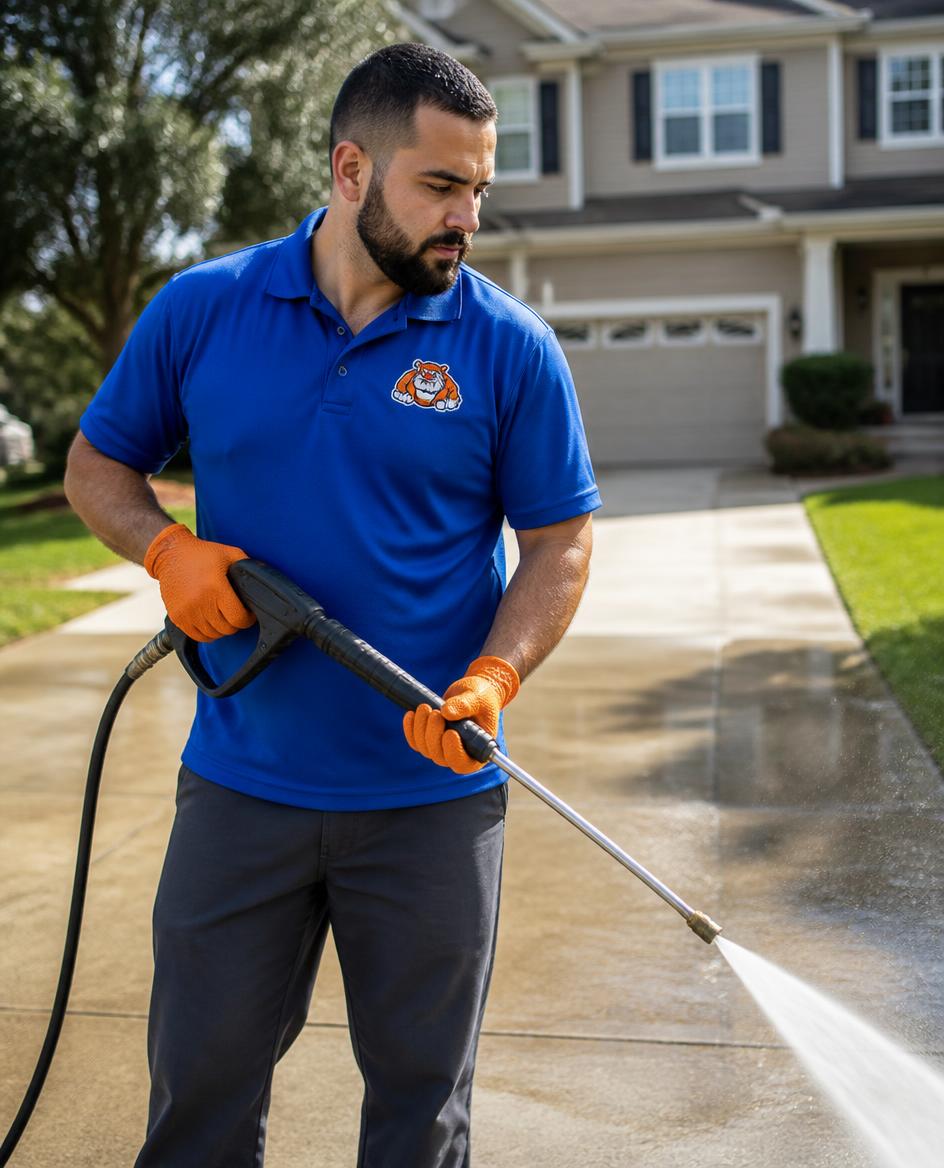IE Grime Fighters technician in a blue branded polo pressure washing a driveway