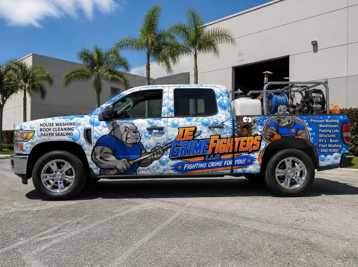 IE Grime Fighters wrapped service truck parked at a commercial facility